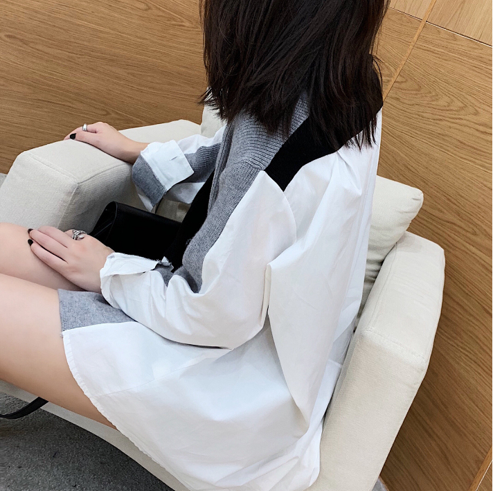Color-Block Knit Faux Two-Piece Long Shirt for Women