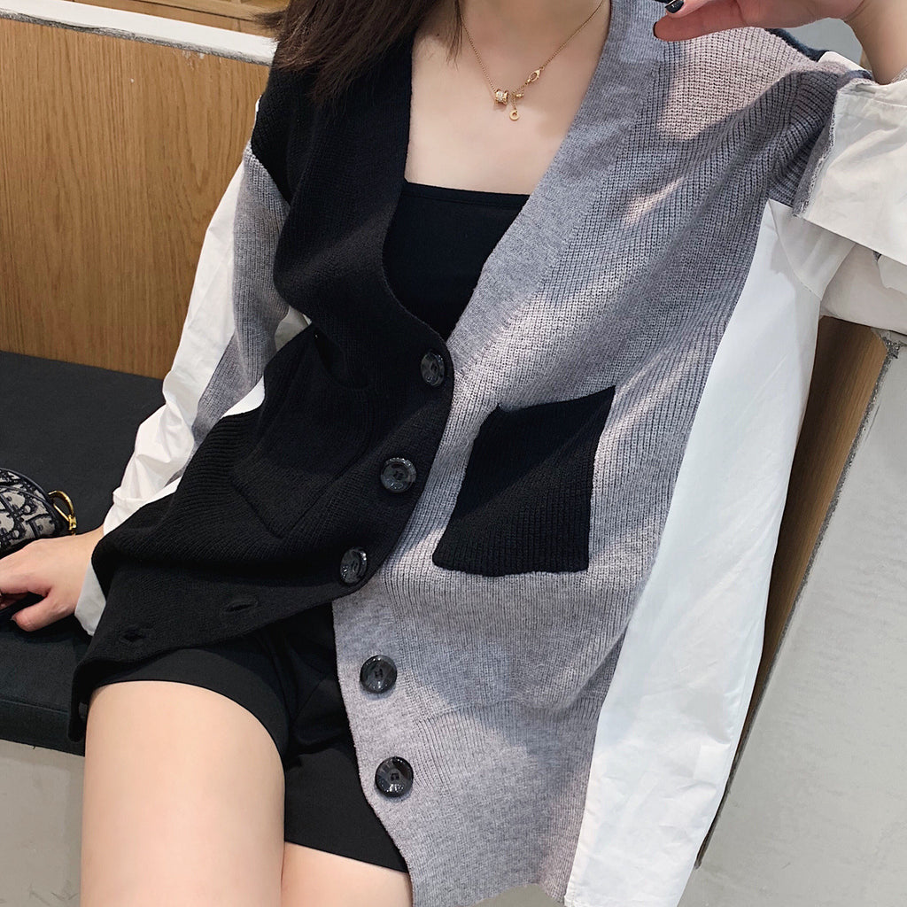 Color-Block Knit Faux Two-Piece Long Shirt for Women