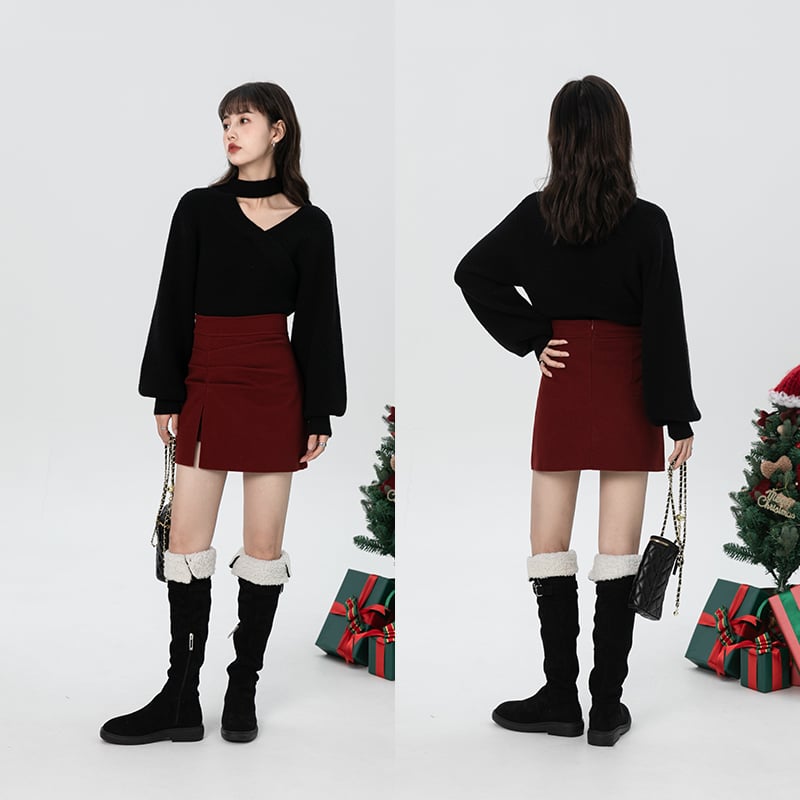 Retro Women's High Waist A-line Wool Skirt