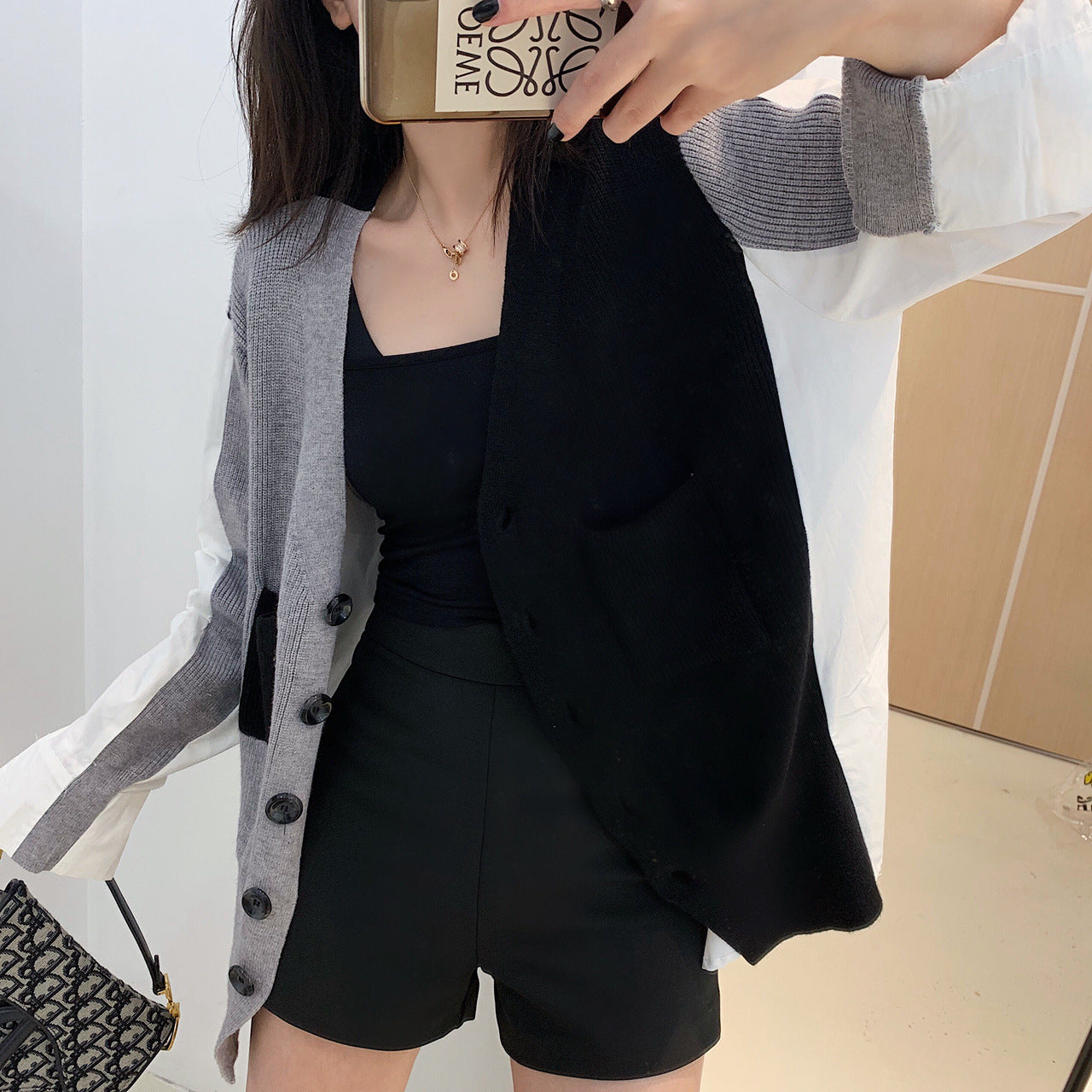 Color-Block Knit Faux Two-Piece Long Shirt for Women